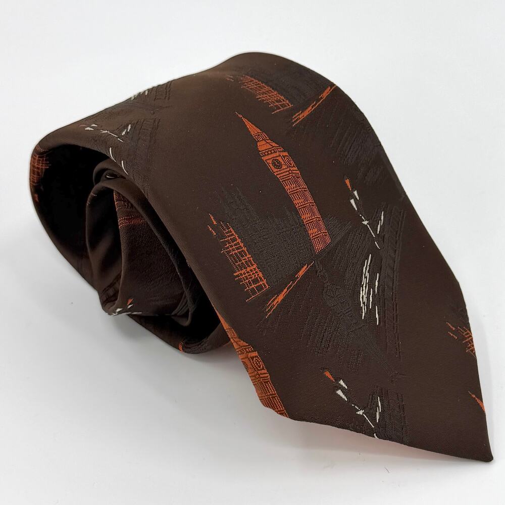 Vintage 70s Trevira Brown Orange London Novelty Architecture Super Wide Necktie